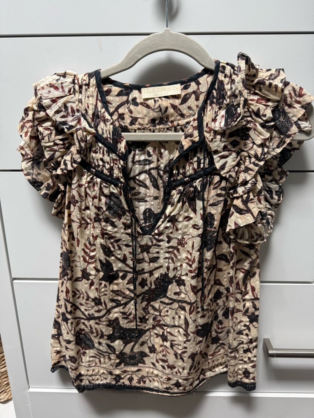 Ulla Johnson Cream Blouse with Black and Brown Botanical Print